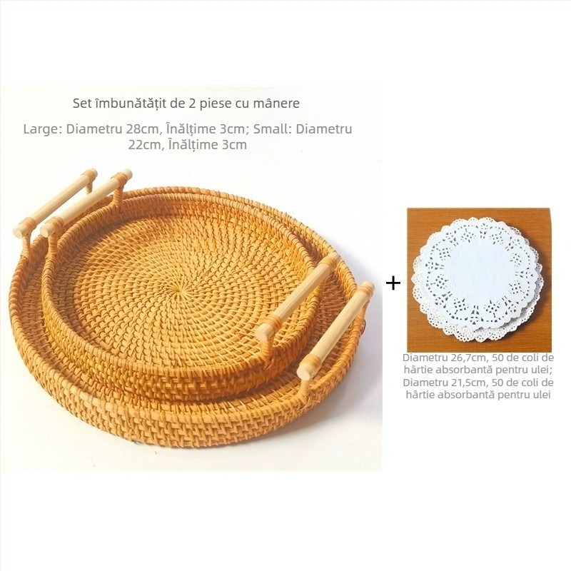 Coș împletit manual din răchită pentru fructe și pâine, stil nordic minimalist, tavă din bambus