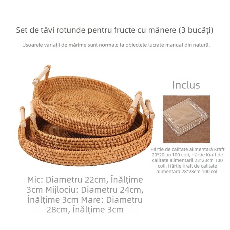 Coș împletit manual din răchită pentru fructe și pâine, stil nordic minimalist, tavă din bambus