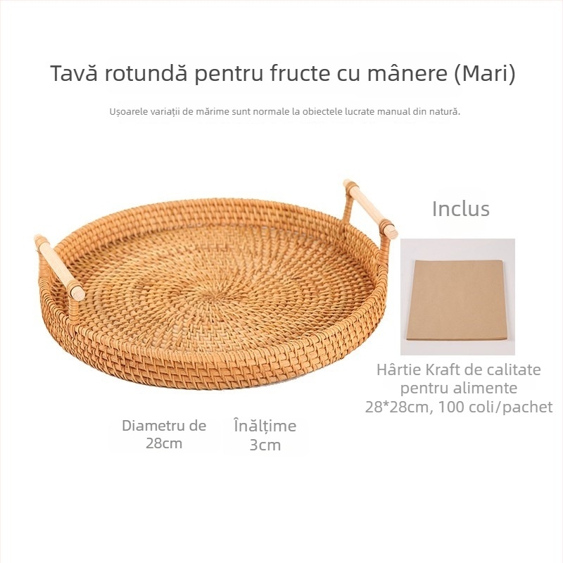 Coș împletit manual din răchită pentru fructe și pâine, stil nordic minimalist, tavă din bambus