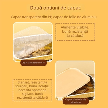 Cutie de prânz din folie de aluminiu, circulară, de unică folosință, cu capac, capacitate mare, rezistență la temperaturi înalte.