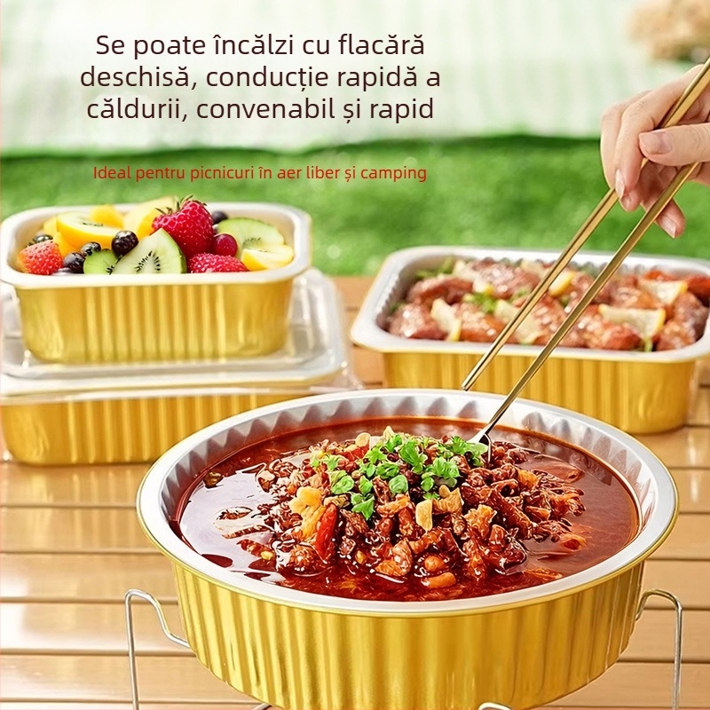 Cutie de prânz din folie de aluminiu, circulară, de unică folosință, cu capac, capacitate mare, rezistență la temperaturi înalte.