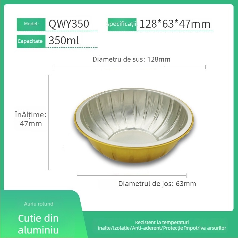 Cutie de prânz din folie de aluminiu, circulară, de unică folosință, cu capac, capacitate mare, rezistență la temperaturi înalte.