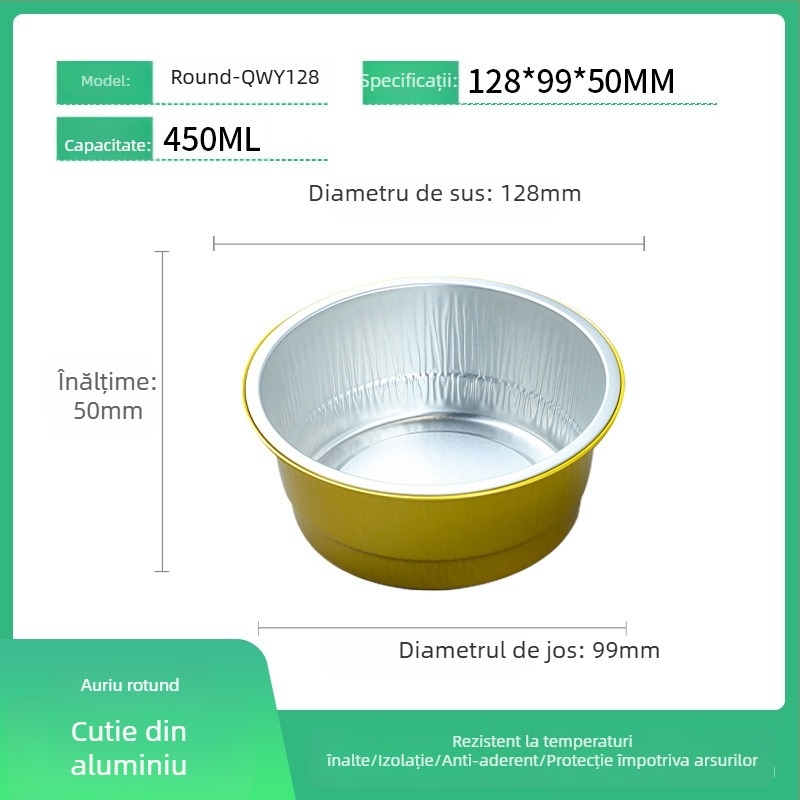 Cutie de prânz din folie de aluminiu, circulară, de unică folosință, cu capac, capacitate mare, rezistență la temperaturi înalte.