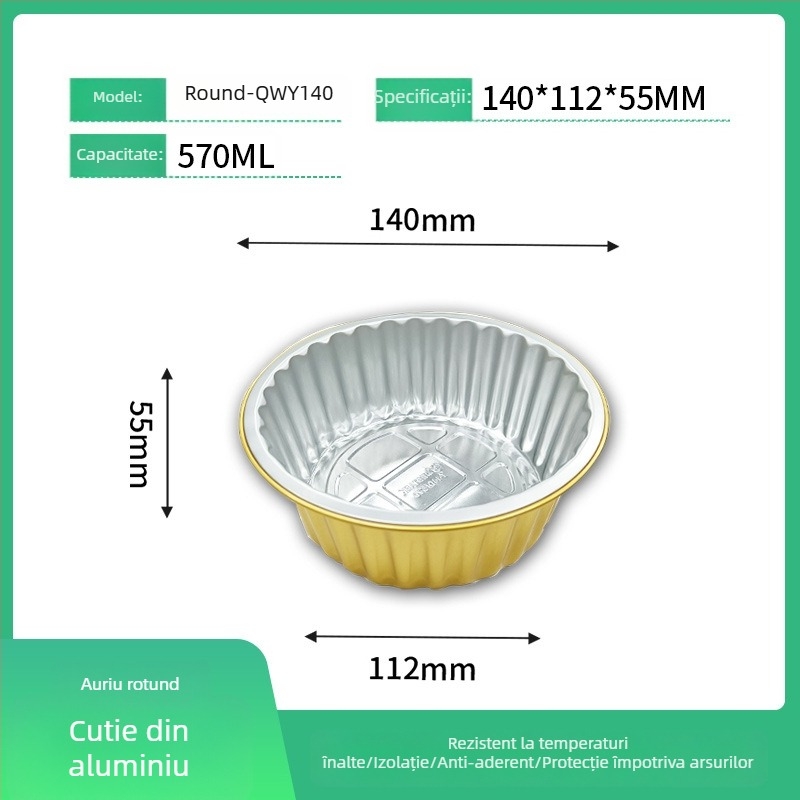 Cutie de prânz din folie de aluminiu, circulară, de unică folosință, cu capac, capacitate mare, rezistență la temperaturi înalte.