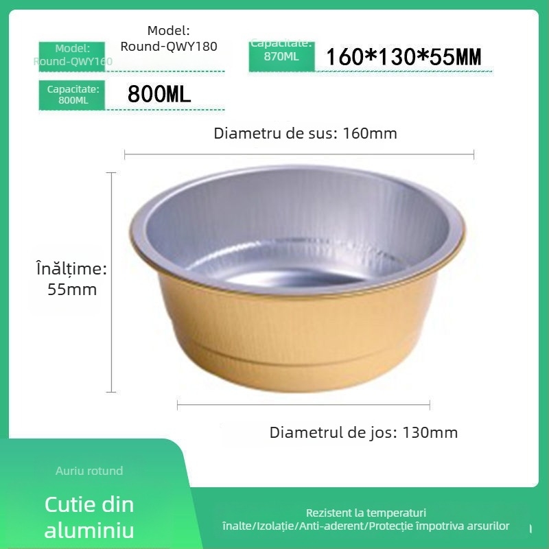 Cutie de prânz din folie de aluminiu, circulară, de unică folosință, cu capac, capacitate mare, rezistență la temperaturi înalte.