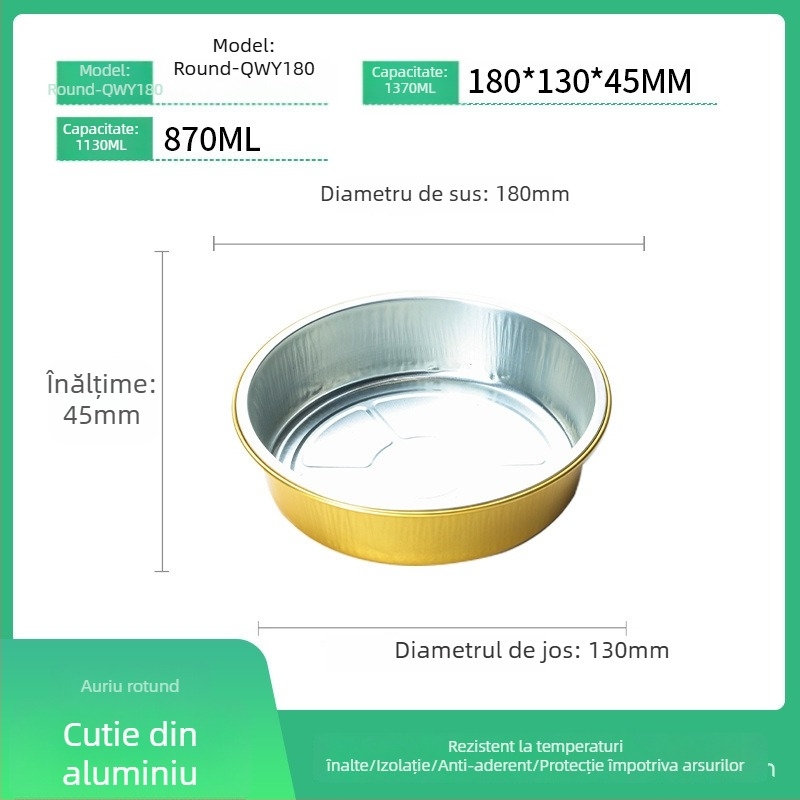 Cutie de prânz din folie de aluminiu, circulară, de unică folosință, cu capac, capacitate mare, rezistență la temperaturi înalte.