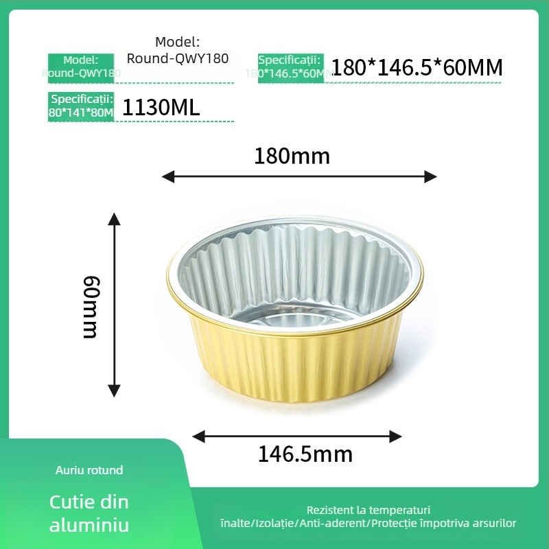 Cutie de prânz din folie de aluminiu, circulară, de unică folosință, cu capac, capacitate mare, rezistență la temperaturi înalte.