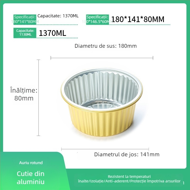 Cutie de prânz din folie de aluminiu, circulară, de unică folosință, cu capac, capacitate mare, rezistență la temperaturi înalte.