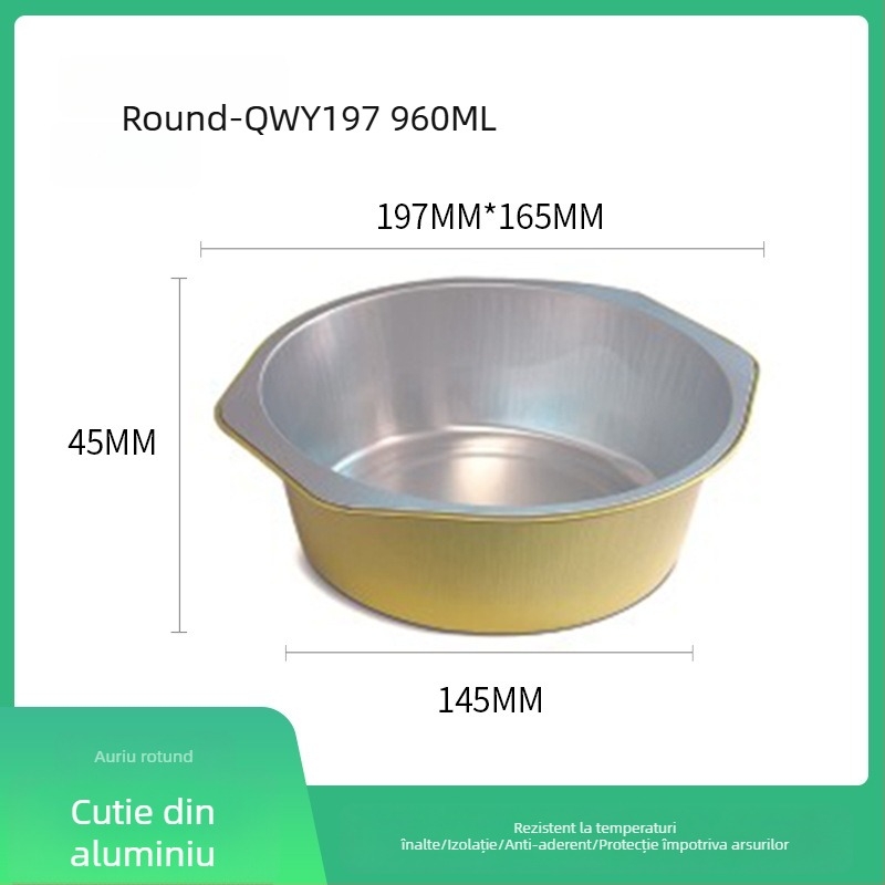 Cutie de prânz din folie de aluminiu, circulară, de unică folosință, cu capac, capacitate mare, rezistență la temperaturi înalte.