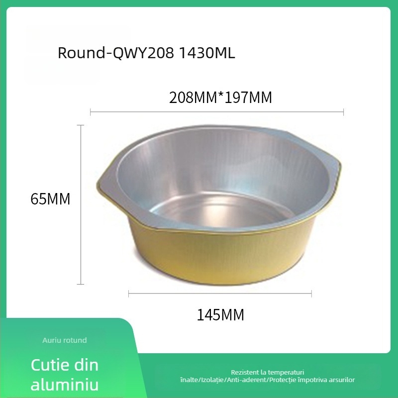 Cutie de prânz din folie de aluminiu, circulară, de unică folosință, cu capac, capacitate mare, rezistență la temperaturi înalte.