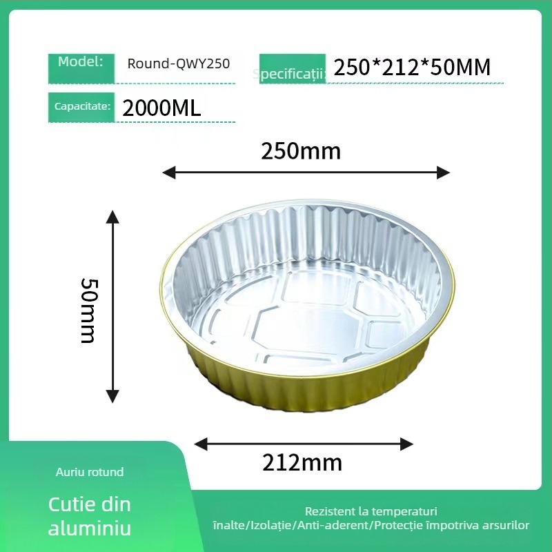 Cutie de prânz din folie de aluminiu, circulară, de unică folosință, cu capac, capacitate mare, rezistență la temperaturi înalte.
