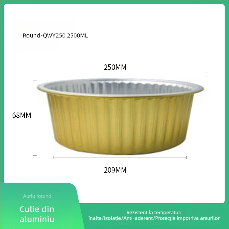 Cutie de prânz din folie de aluminiu, circulară, de unică folosință, cu capac, capacitate mare, rezistență la temperaturi înalte.