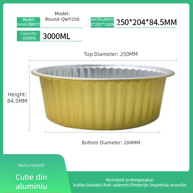 Cutie de prânz din folie de aluminiu, circulară, de unică folosință, cu capac, capacitate mare, rezistență la temperaturi înalte.