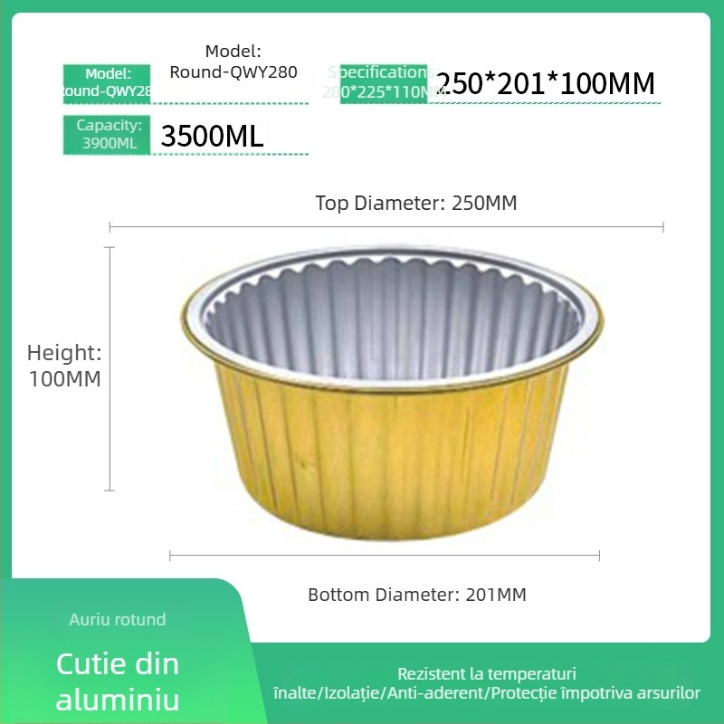 Cutie de prânz din folie de aluminiu, circulară, de unică folosință, cu capac, capacitate mare, rezistență la temperaturi înalte.