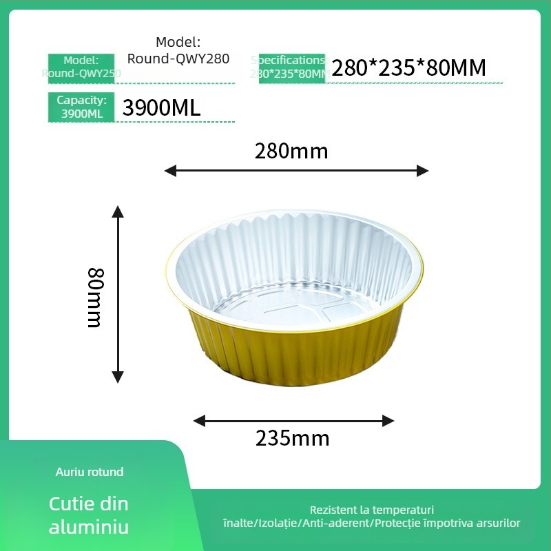 Cutie de prânz din folie de aluminiu, circulară, de unică folosință, cu capac, capacitate mare, rezistență la temperaturi înalte.