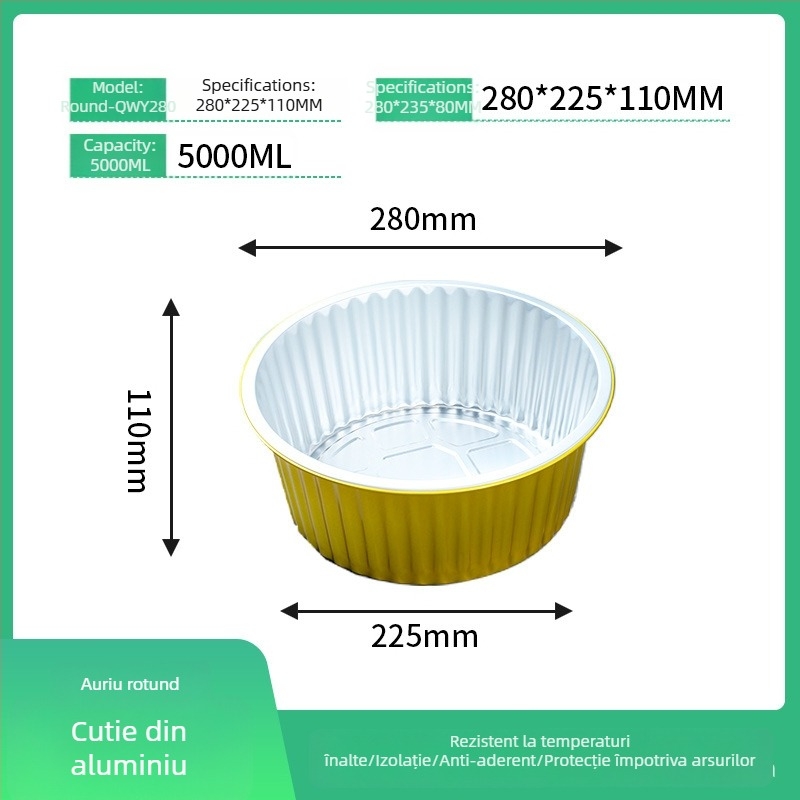 Cutie de prânz din folie de aluminiu, circulară, de unică folosință, cu capac, capacitate mare, rezistență la temperaturi înalte.