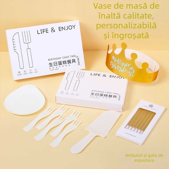 Set de veselă de unică folosință pentru ziua de naștere – farfurii rotunde, din plastic alimentar, cuțit și furculiță incluse, ambalate într-o cutie