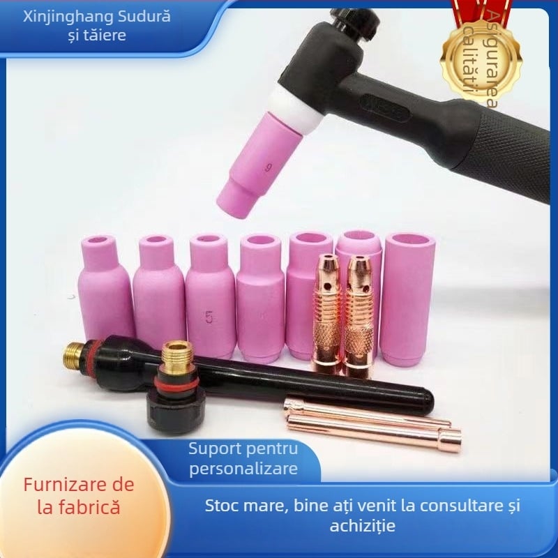 Accesorii pentru sudură cu arc argon: duză 17, tijă lungă a arcului, capac de presiune WP-18 lung, suport de vârfuri wolfram 26, duză ceramică
