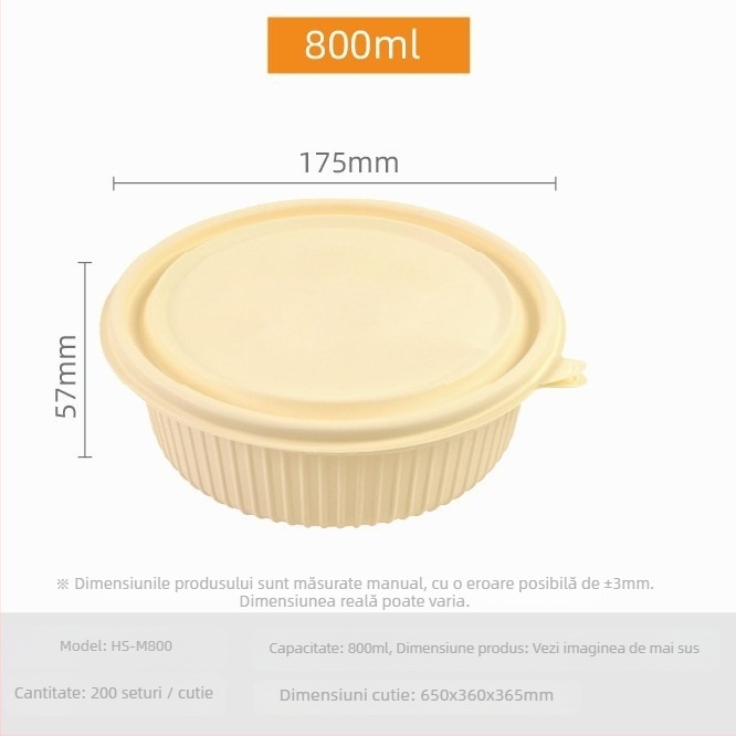 Cutie de prânz biodegradabilă din amidon de porumb, rotundă, capacitate 450 ml, cu capac întărit