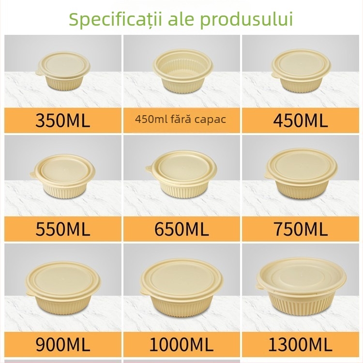 Cutie de prânz biodegradabilă din amidon de porumb, rotundă, capacitate 450 ml, cu capac întărit