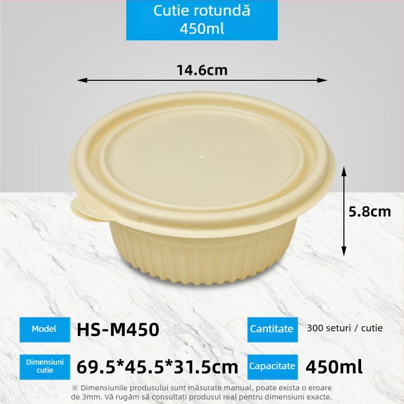 Cutie de prânz biodegradabilă din amidon de porumb, rotundă, capacitate 450 ml, cu capac întărit