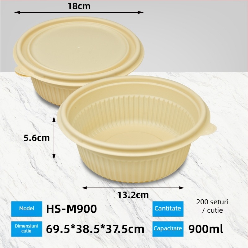 Cutie de prânz biodegradabilă din amidon de porumb, rotundă, capacitate 450 ml, cu capac întărit