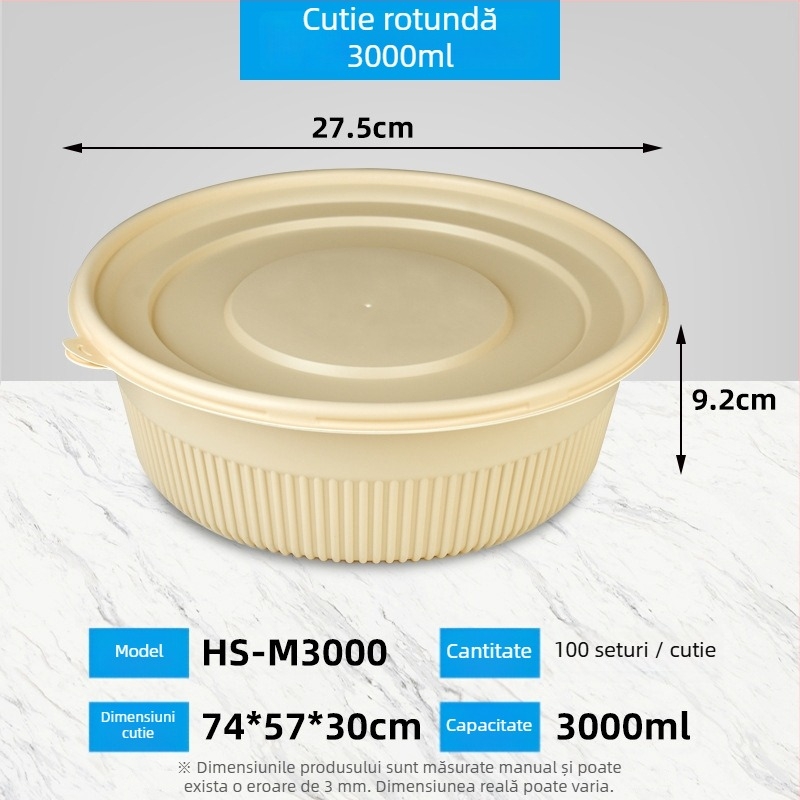 Cutie de prânz biodegradabilă din amidon de porumb, rotundă, capacitate 450 ml, cu capac întărit