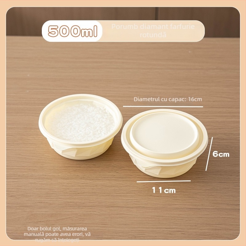 Cutie de tacâmuri de unică folosință din amidon de porumb, alimentară, portabilă și sigilată, formă rotundă; Material: amidon de porumb; Biodegradabil: Da; Cantitate: 1; Capacitate: 1