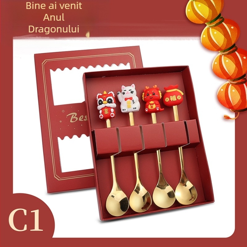 Set tacâmuri din oțel inoxidabil 410 – Anul Dragonului, Model desen animat, lustruire oglindă, imprimare logo