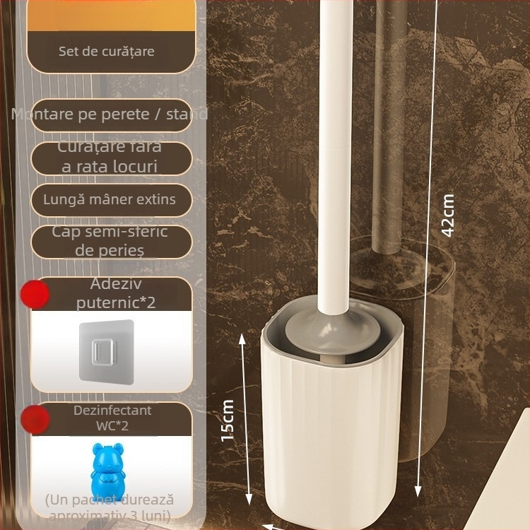 Perie de toaletă cu montaj pe perete, mâner lung, corp din plastic, greutate 0,39 kg, 1 bucată