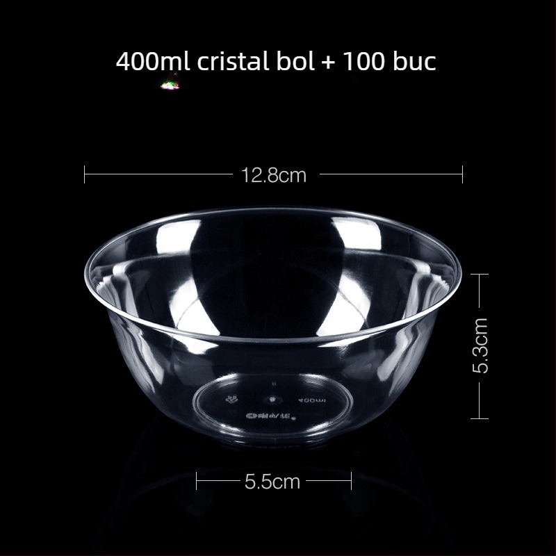 Bol de unică folosință din plastic pentru desert și supă, rotund, capacitate 300–400 ml, transparent, stil modern minimalist