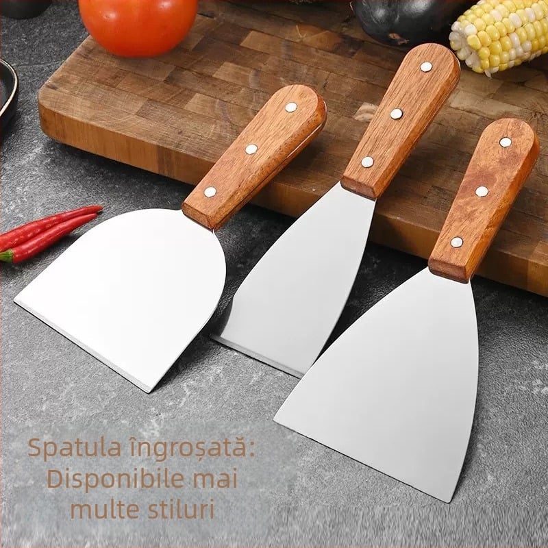 Spatulă Teppanyaki din oțel inoxidabil cu mâner din lemn solid, lamă plată groasă — anti-adezivă, rezistentă la căldură, antiderapantă, potrivită pentru clătite și pizza