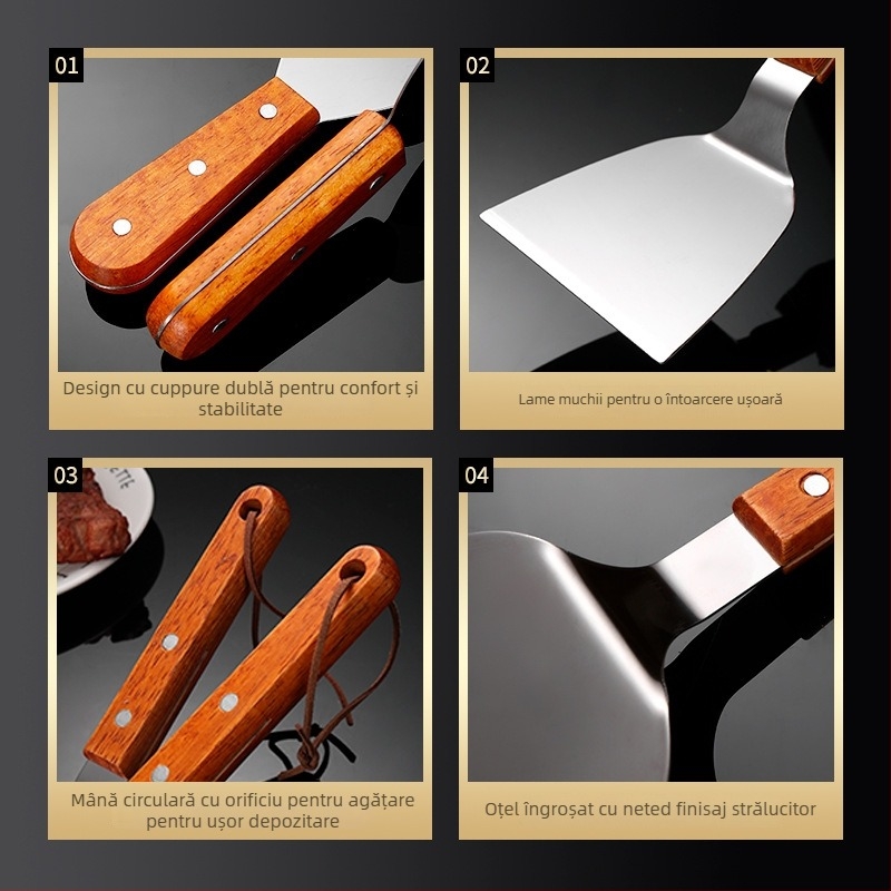 Spatulă Teppanyaki din oțel inoxidabil cu mâner din lemn solid, lamă plată groasă — anti-adezivă, rezistentă la căldură, antiderapantă, potrivită pentru clătite și pizza