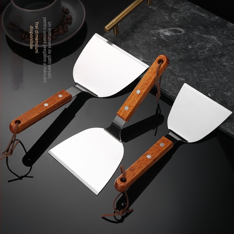 Spatulă Teppanyaki din oțel inoxidabil cu mâner din lemn solid, lamă plată groasă — anti-adezivă, rezistentă la căldură, antiderapantă, potrivită pentru clătite și pizza