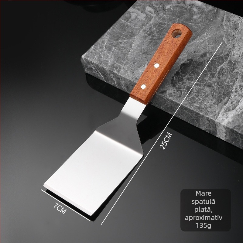 Spatulă Teppanyaki din oțel inoxidabil cu mâner din lemn solid, lamă plată groasă — anti-adezivă, rezistentă la căldură, antiderapantă, potrivită pentru clătite și pizza