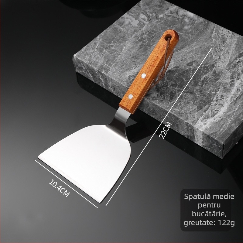 Spatulă Teppanyaki din oțel inoxidabil cu mâner din lemn solid, lamă plată groasă — anti-adezivă, rezistentă la căldură, antiderapantă, potrivită pentru clătite și pizza