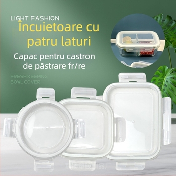 Capac Wing Lift pentru cutie de prânz din sticlă – compatibil cu forme rotunde, pătrate sau dreptunghiulare; închidere cu patru cleme; plastic alimentar