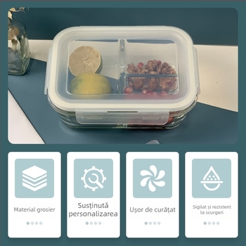 Capac Wing Lift pentru cutie de prânz din sticlă – compatibil cu forme rotunde, pătrate sau dreptunghiulare; închidere cu patru cleme; plastic alimentar