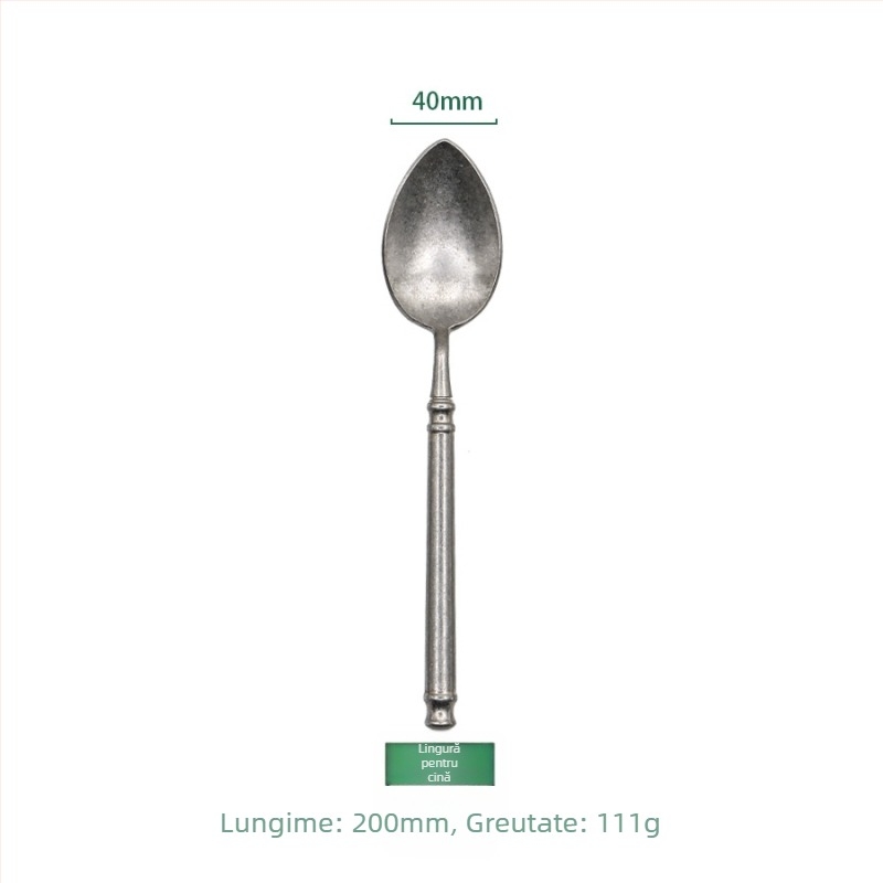 Set de tacâmuri din oțel inoxidabil 304, stil retro uzat, patru piese: cuțit, furculiță, lingură și furculiță pentru tort; lucrat manual, personalizabil