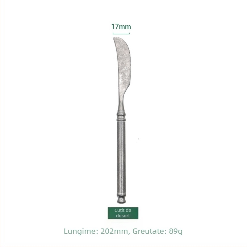 Set de tacâmuri din oțel inoxidabil 304, stil retro uzat, patru piese: cuțit, furculiță, lingură și furculiță pentru tort; lucrat manual, personalizabil