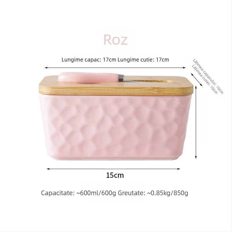 Mr. Yigua Cutie ceramică pentru unt cu cuțit, capac din lemn, etanșă, cu capacitate mare