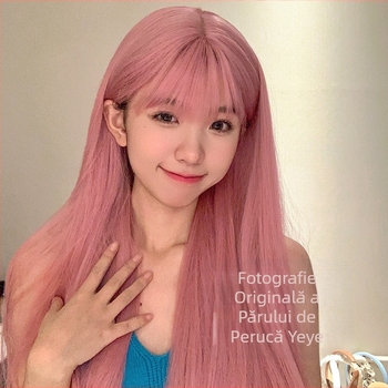 Perucă, păr lung drept, breton Qi, fibră rezistentă la temperatură, aspect natural