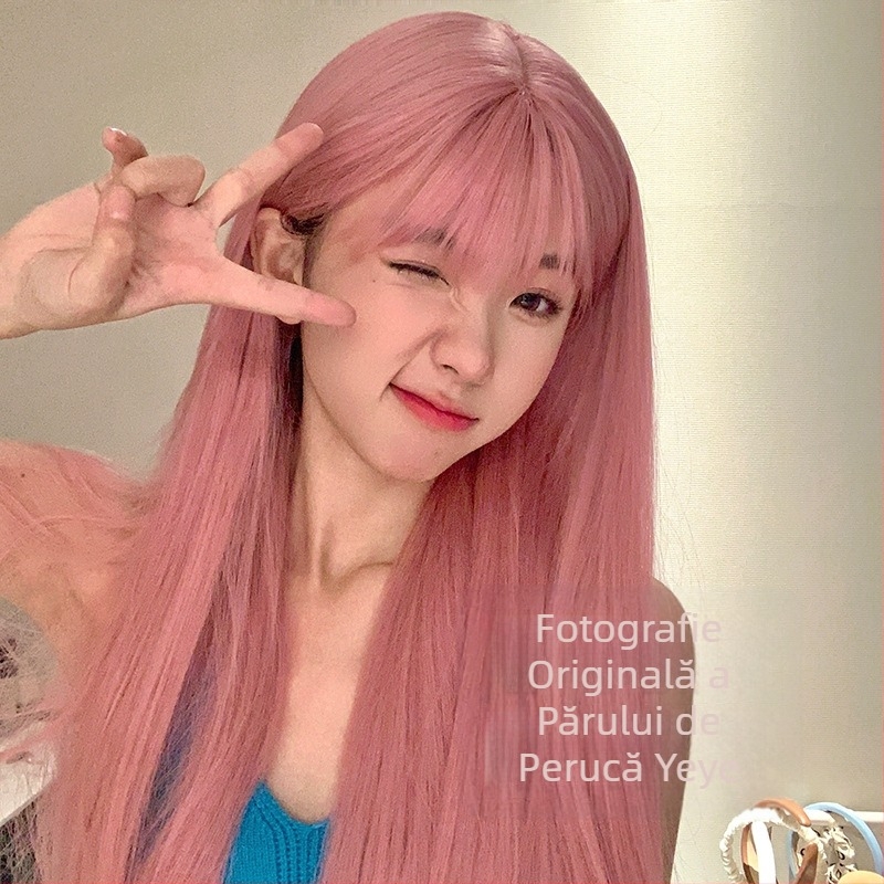 Perucă, păr lung drept, breton Qi, fibră rezistentă la temperatură, aspect natural