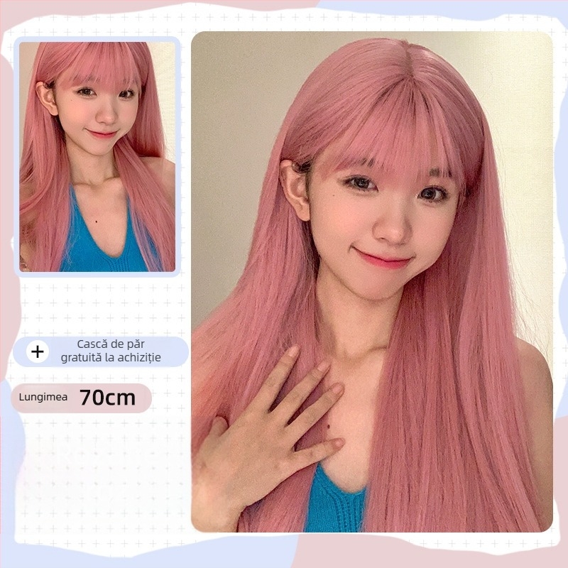 Perucă, păr lung drept, breton Qi, fibră rezistentă la temperatură, aspect natural