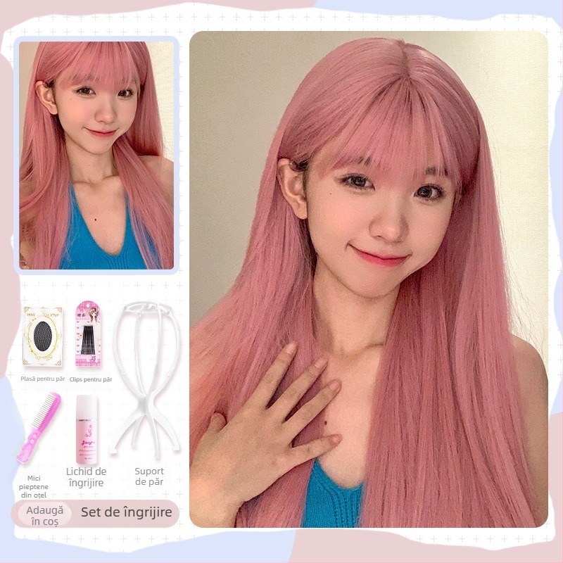 Perucă, păr lung drept, breton Qi, fibră rezistentă la temperatură, aspect natural