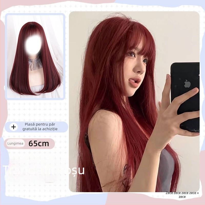 Perucă, păr lung drept, breton Qi, fibră rezistentă la temperatură, aspect natural