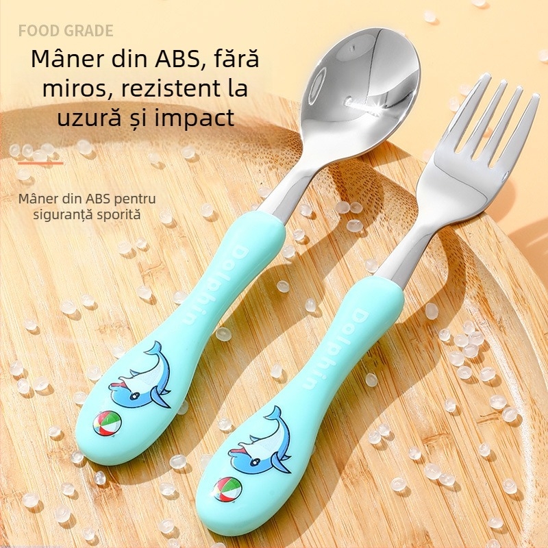 Set tacâmuri pentru copii (cuțit, furculiță, lingură) din oțel inoxidabil 304, suprafață lucioasă, model desen animat