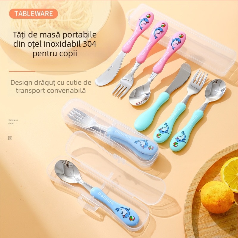 Set tacâmuri pentru copii (cuțit, furculiță, lingură) din oțel inoxidabil 304, suprafață lucioasă, model desen animat