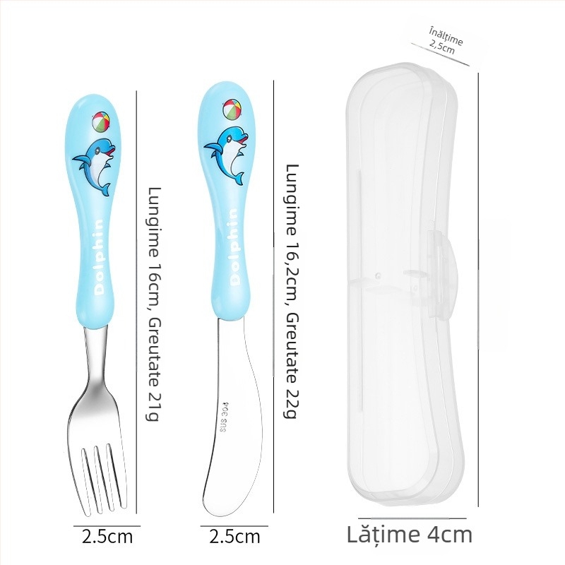 Set tacâmuri pentru copii (cuțit, furculiță, lingură) din oțel inoxidabil 304, suprafață lucioasă, model desen animat