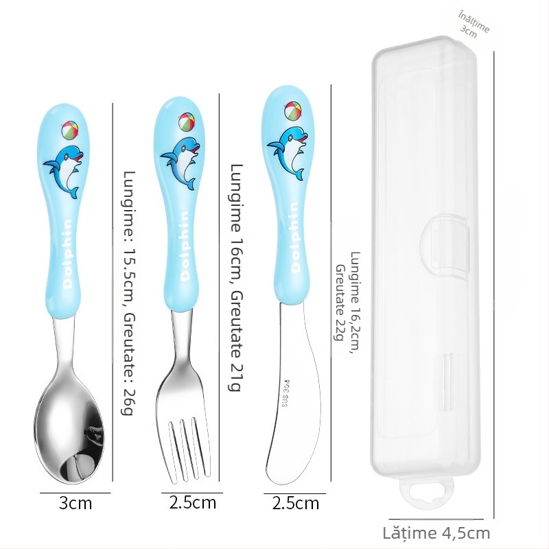 Set tacâmuri pentru copii (cuțit, furculiță, lingură) din oțel inoxidabil 304, suprafață lucioasă, model desen animat